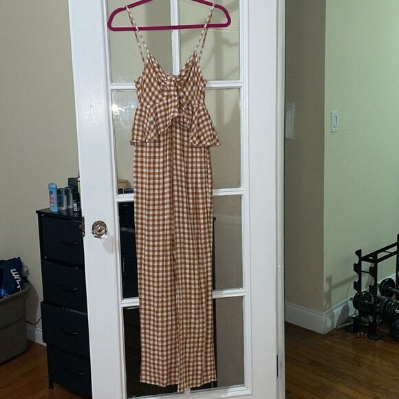 Anthropologie Saylor Laken Orange plaid gingham knot spaghetti ruffle romper - Picture 2 of 13